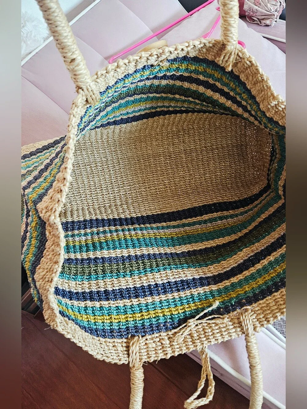Free People Woven Straw Stripe Tote Bag in Natural and Blue